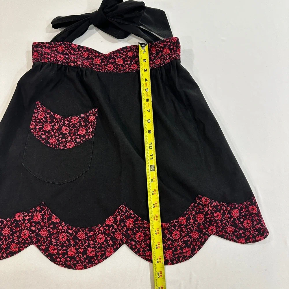 Vintage Handmade Half Apron Black Red Floral Scalloped Pocket Rockabilly Retro